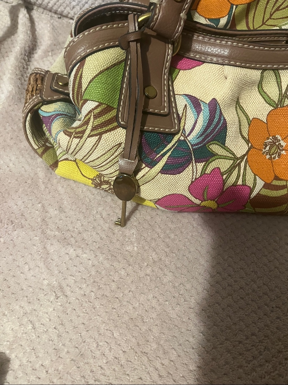 Floral Fossil Canvas Shoulder Bag with Brown Leather Handles - Picture 6 of 11